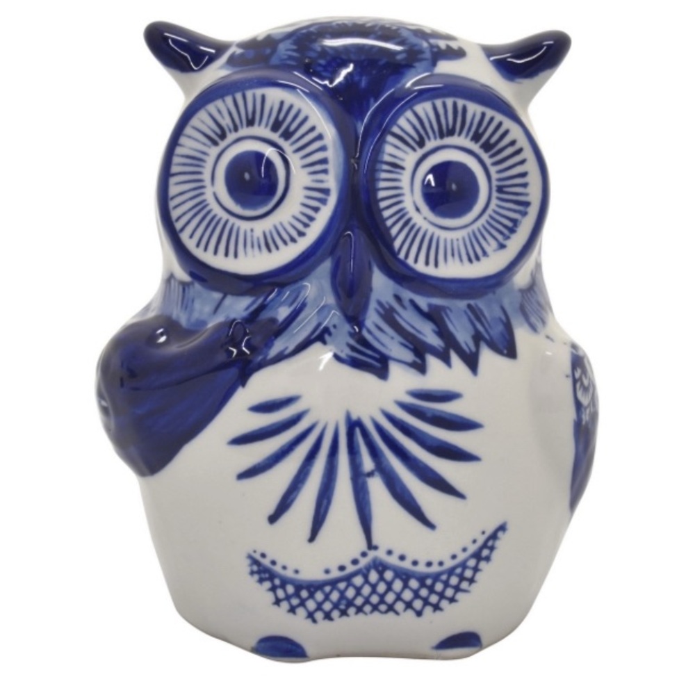 Blue and White Wide-Eyed Owl Statuette Table Decor
